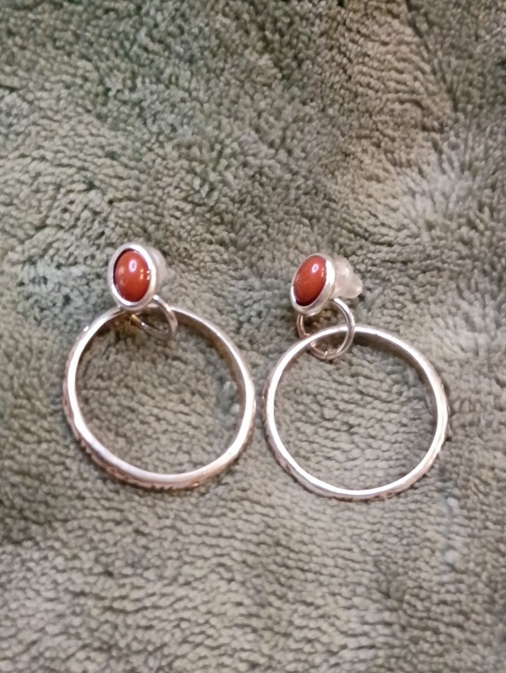 Silver Tone Studd Type Hoop Drop Earrings with Coral Stone Accent